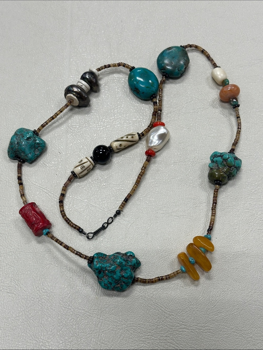 Vintage multi-strand turquoise nuggets, heishi beads, Necklace 28”